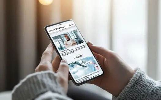 Person reading business news on their phone, where native ads for professional services appear in context.