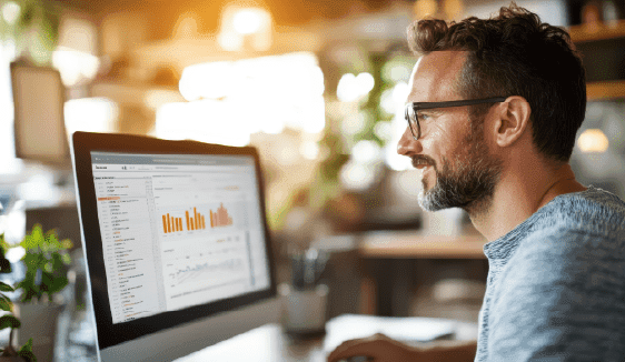 Franchise marketer reviewing campaign performance dashboards on a computer, highlighting data-driven insights for multi-location business marketing.